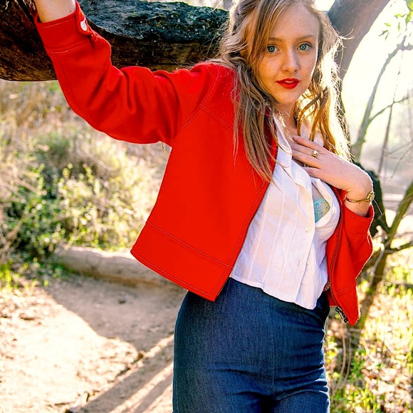 Rare Wyllis Clothing Cherry Red Cropped Wool Zanzi Pilot Jacket Western Chic - Picture 3 of 16